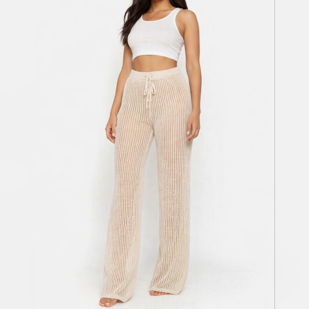 Wide Leg Crochet Knit Pants in Beige